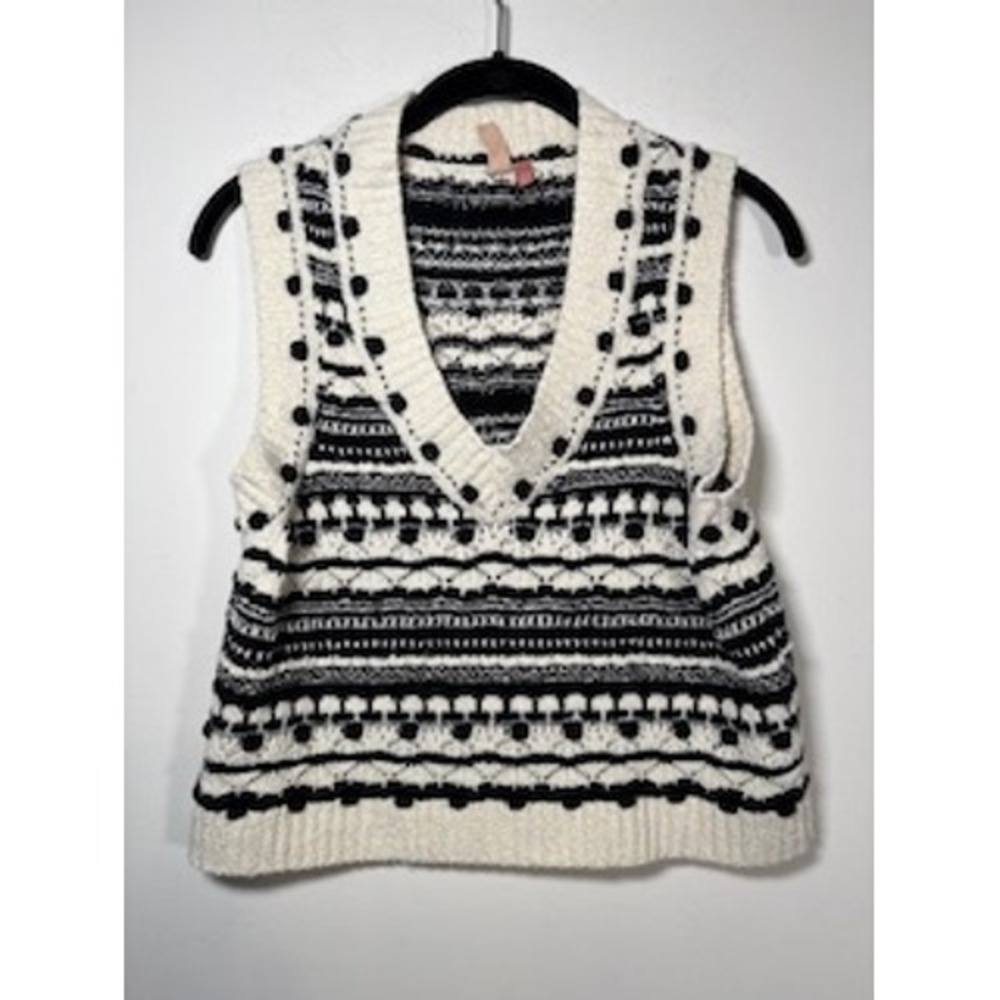 PILCRO Sweater Vest Small Cream Black Fair Isle Knit V-Neck Bobble Textured Boho